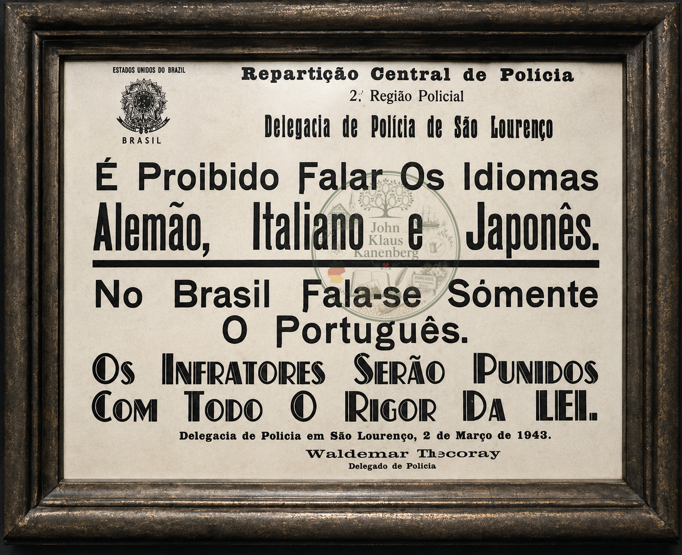 Quadro com proibição de falar em idioma estrangeiro