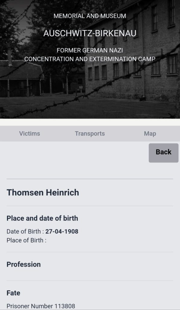 Registro de vítima do nazismo