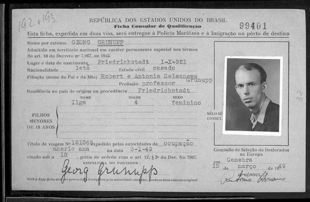 Cartão de Imigração de Georg Grunupp (pai de Elke Maravilha)