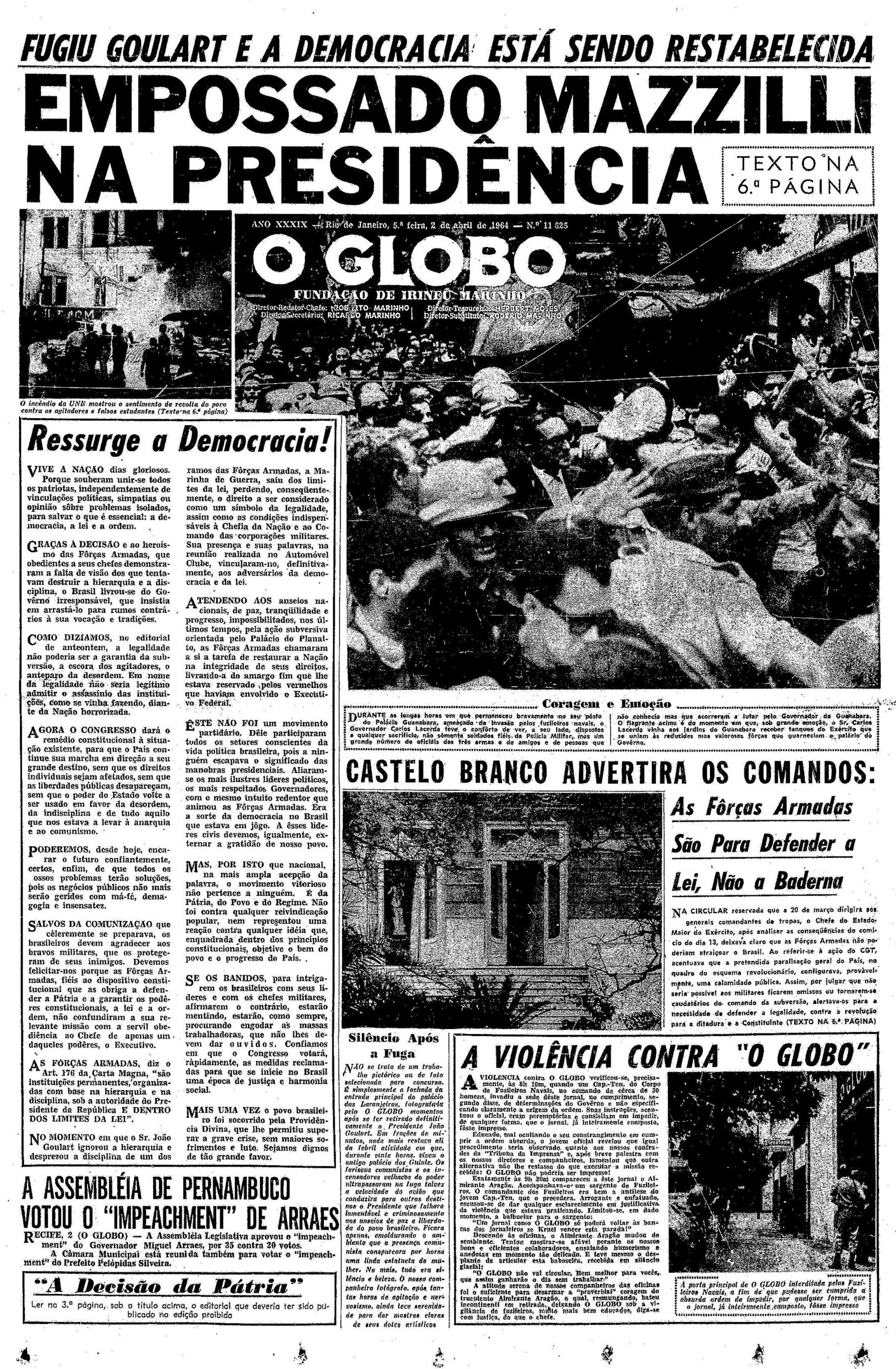 Reprodução da edição de 2 de abril de 1964, do Jornal O Globo