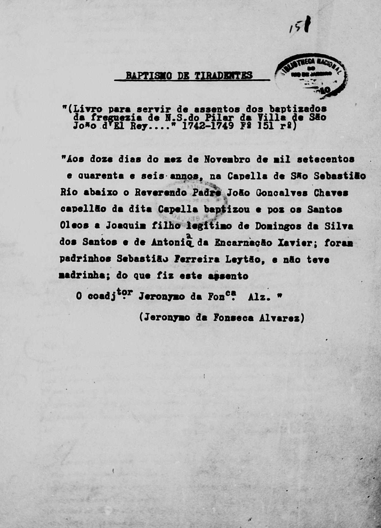 Transcrição Registro Batismo Tiradentes