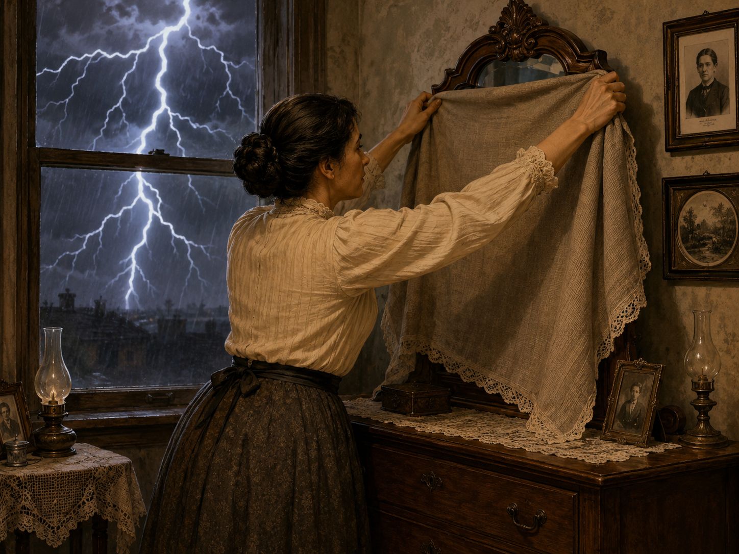 Uma imagem exibindo uma mulher cobrindo um espelho com um pano durante uma trovoada