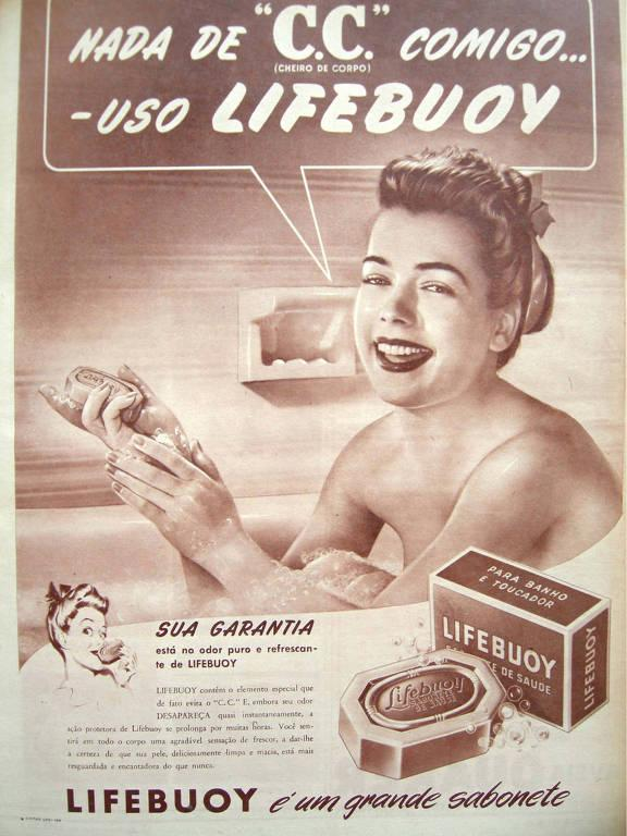 Propaganda vintage do sabonete Lifebuoy dos anos 1940, famosa por popularizar no Brasil a sigla "C.C."